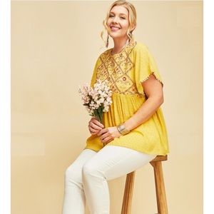 Larger Sizes Embroidered Yellow Color Bohemian Top